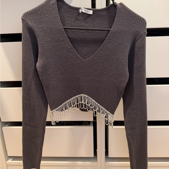 Zara Tops - Zara Navy V-Neck Sweater with Beaded Fringe